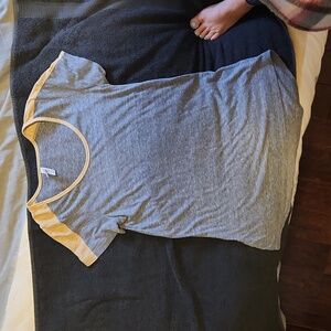 Lularoe t- shirt Heather gray with tan/yellowish stripe along the shoulder & dow